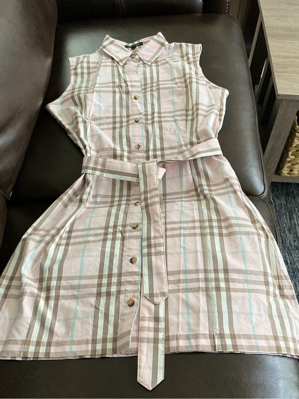 Burberry Pink and Beige Plaid Sleeveless Shirt Dress with Belt
